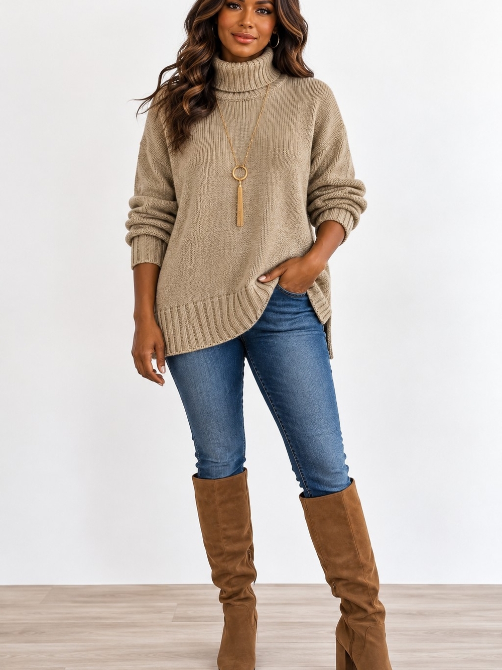 Carolyn Taylor L Taupe Turtleneck Sweater Oversized Cozy Knit Fall